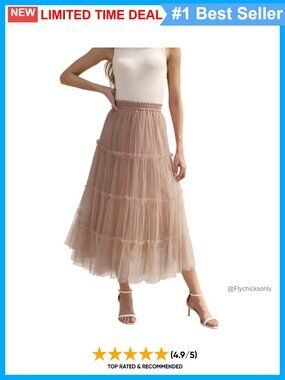 Women's Long Tulle Skirt Ruffle Layered Midi A-Line High Waist